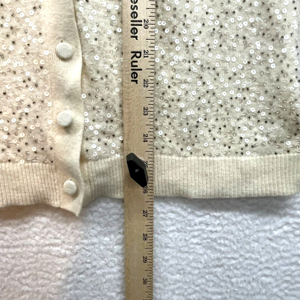 Talbots Cardigan Womens Medium Cream Petite Lambswool Sequin Button Up Rabbit - Picture 8 of 10